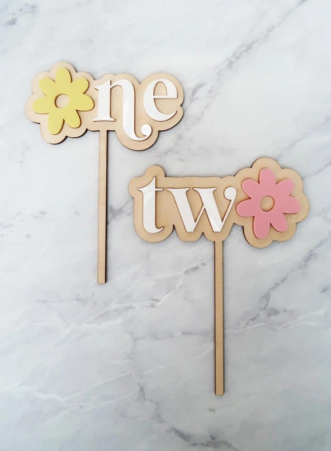 Curious Button Pack of 2 Cake Toppers - 1st & 2nd Birthday Theme | First and Second Birthday Cake Decoration | 6 Inch Wooden Cake Topper | Floral Party Prop - Image 1